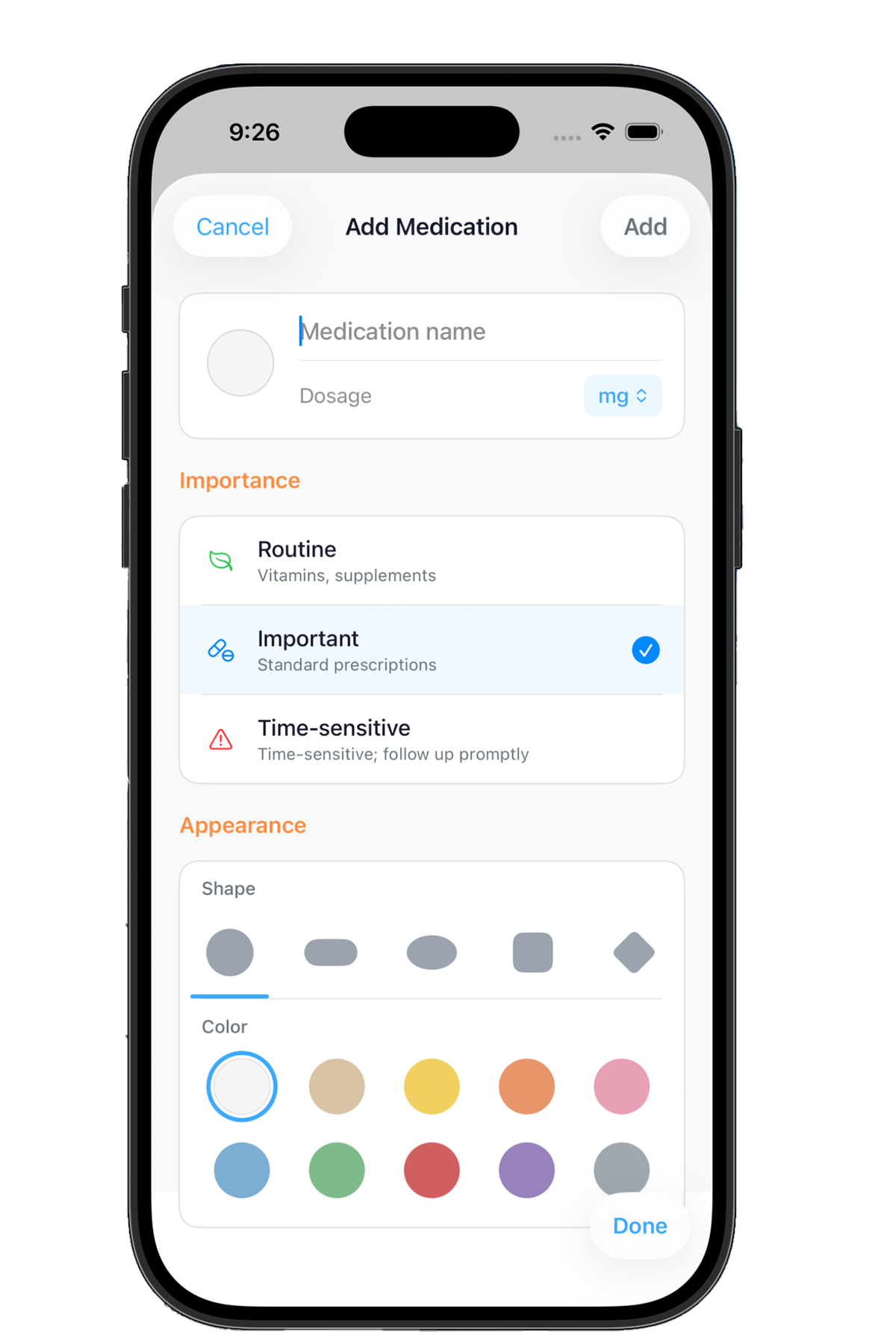 Regimen app Add Medication screen